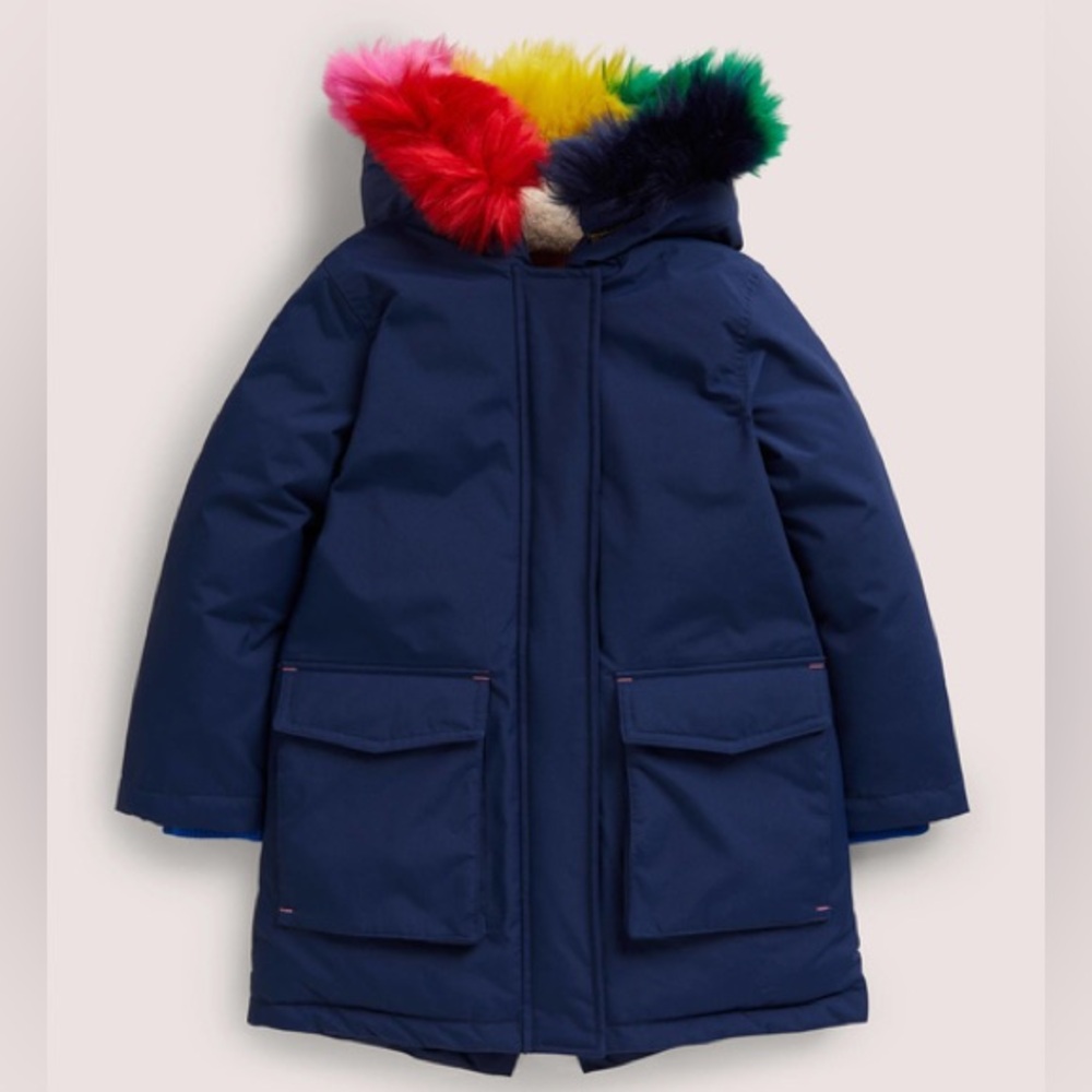 Mini Boden Puffer Winter Coat with Rainbow Hood Navy Blue Parka 5-6Y Pockets